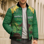 Personalised South Canterbury Anniversary Day Bomber Puffer Jacket Kiwi Kowhai Silver Fern Maori Pattern