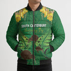Personalised South Canterbury Anniversary Day Bomber Puffer Jacket Kiwi Kowhai Silver Fern Maori Pattern
