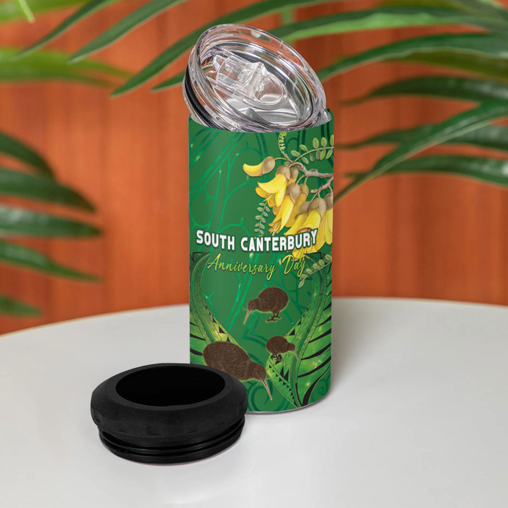 Personalised South Canterbury Anniversary Day 4 in 1 Can Cooler Tumbler Kiwi Kowhai Silver Fern Maori Pattern