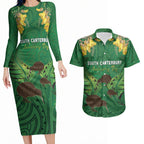 Personalised South Canterbury Anniversary Day Couples Matching Long Sleeve Bodycon Dress and Hawaiian Shirt Kiwi Kowhai Silver Fern Maori Pattern