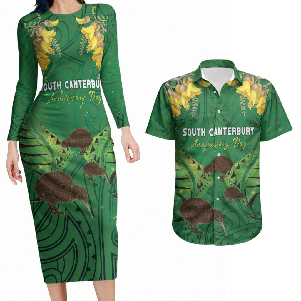 Personalised South Canterbury Anniversary Day Couples Matching Long Sleeve Bodycon Dress and Hawaiian Shirt Kiwi Kowhai Silver Fern Maori Pattern