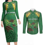 Personalised South Canterbury Anniversary Day Couples Matching Long Sleeve Bodycon Dress and Long Sleeve Button Shirt Kiwi Kowhai Silver Fern Maori Pattern