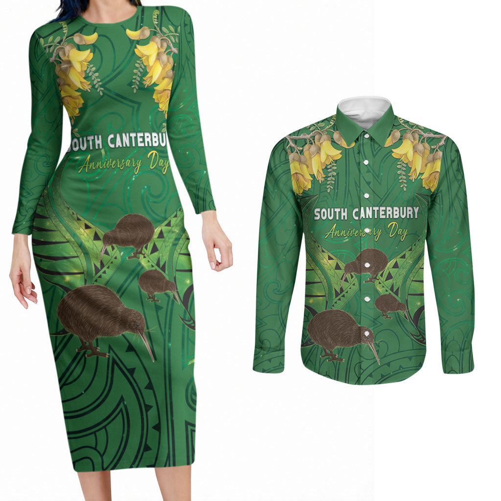 Personalised South Canterbury Anniversary Day Couples Matching Long Sleeve Bodycon Dress and Long Sleeve Button Shirt Kiwi Kowhai Silver Fern Maori Pattern