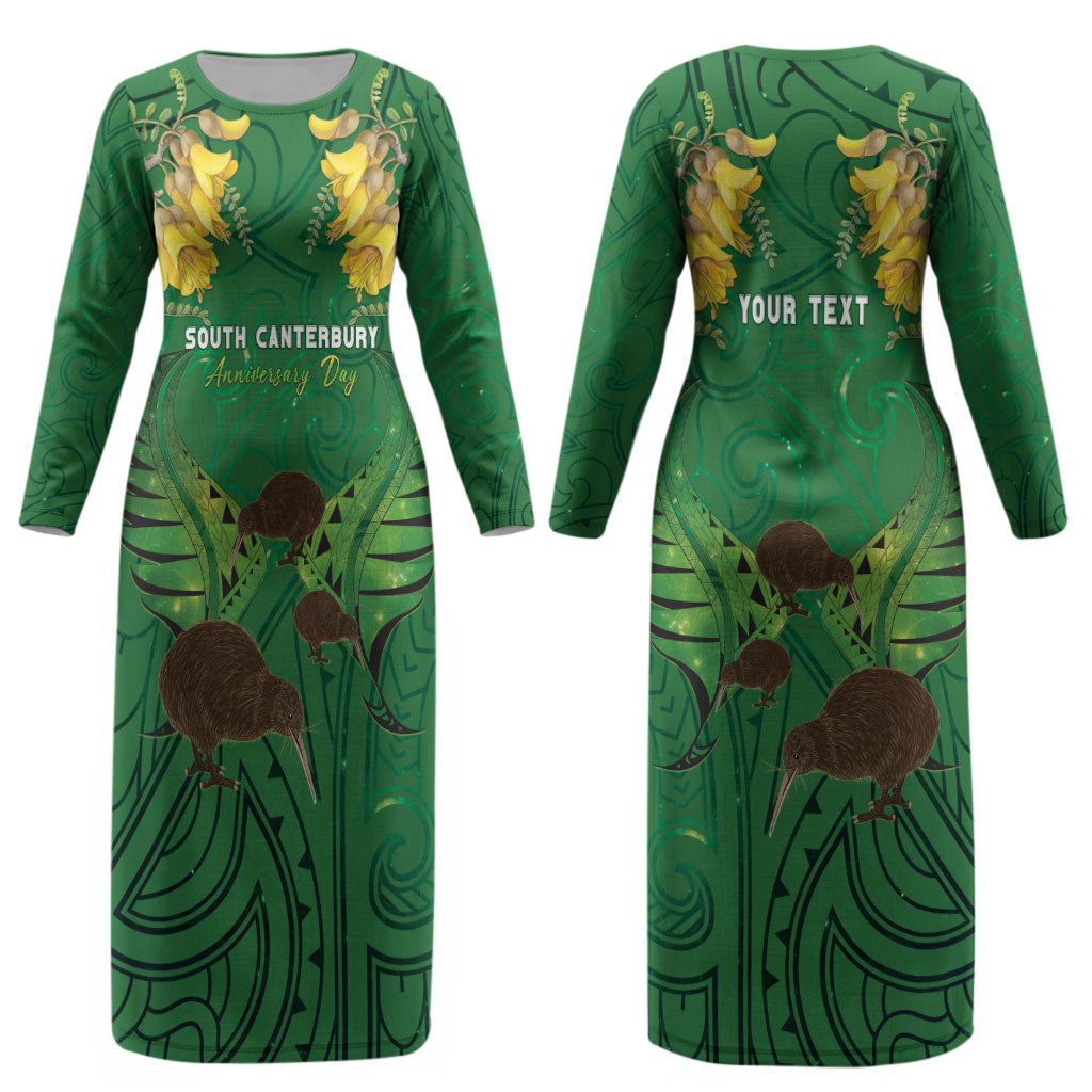 Personalised South Canterbury Anniversary Day Couples Matching Long Sleeve Bodycon Dress and Long Sleeve Button Shirt Kiwi Kowhai Silver Fern Maori Pattern