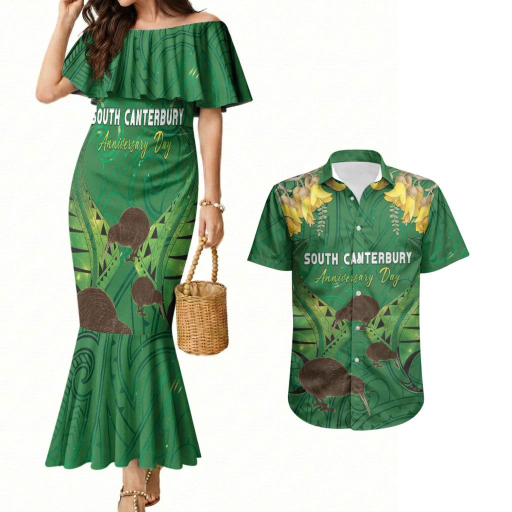 Personalised South Canterbury Anniversary Day Couples Matching Mermaid Dress and Hawaiian Shirt Kiwi Kowhai Silver Fern Maori Pattern
