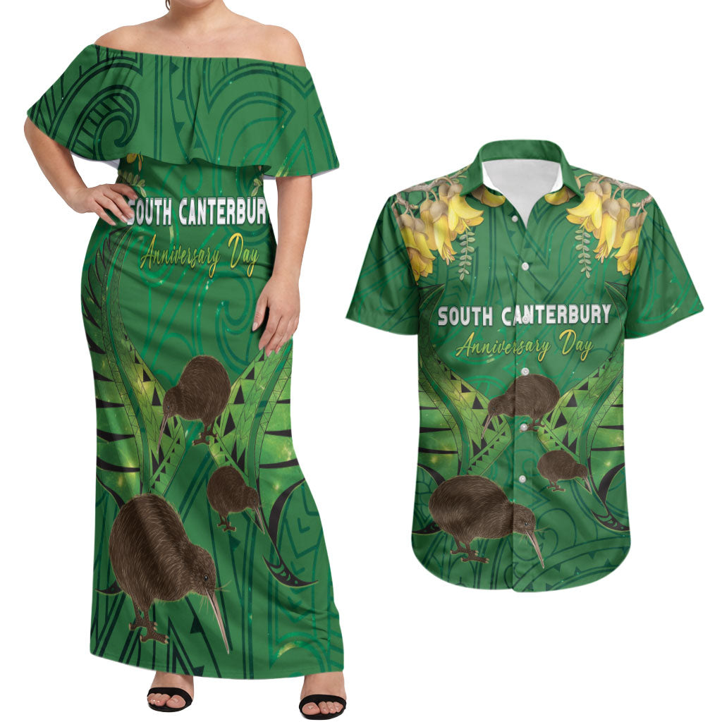 Personalised South Canterbury Anniversary Day Couples Matching Off Shoulder Maxi Dress and Hawaiian Shirt Kiwi Kowhai Silver Fern Maori Pattern