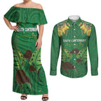 Personalised South Canterbury Anniversary Day Couples Matching Off Shoulder Maxi Dress and Long Sleeve Button Shirt Kiwi Kowhai Silver Fern Maori Pattern