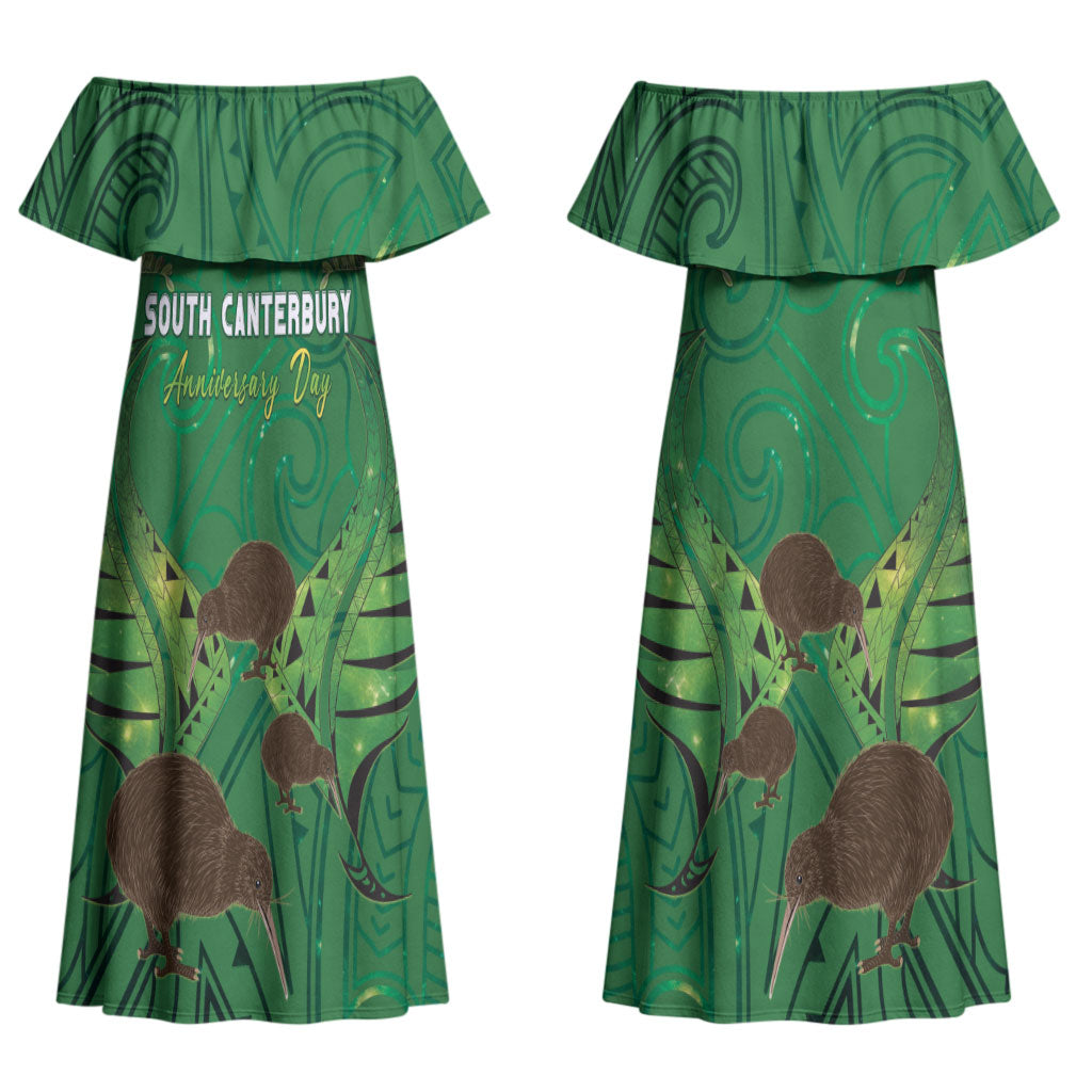 Personalised South Canterbury Anniversary Day Couples Matching Off Shoulder Maxi Dress and Long Sleeve Button Shirt Kiwi Kowhai Silver Fern Maori Pattern