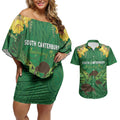 Personalised South Canterbury Anniversary Day Couples Matching Off Shoulder Short Dress and Hawaiian Shirt Kiwi Kowhai Silver Fern Maori Pattern
