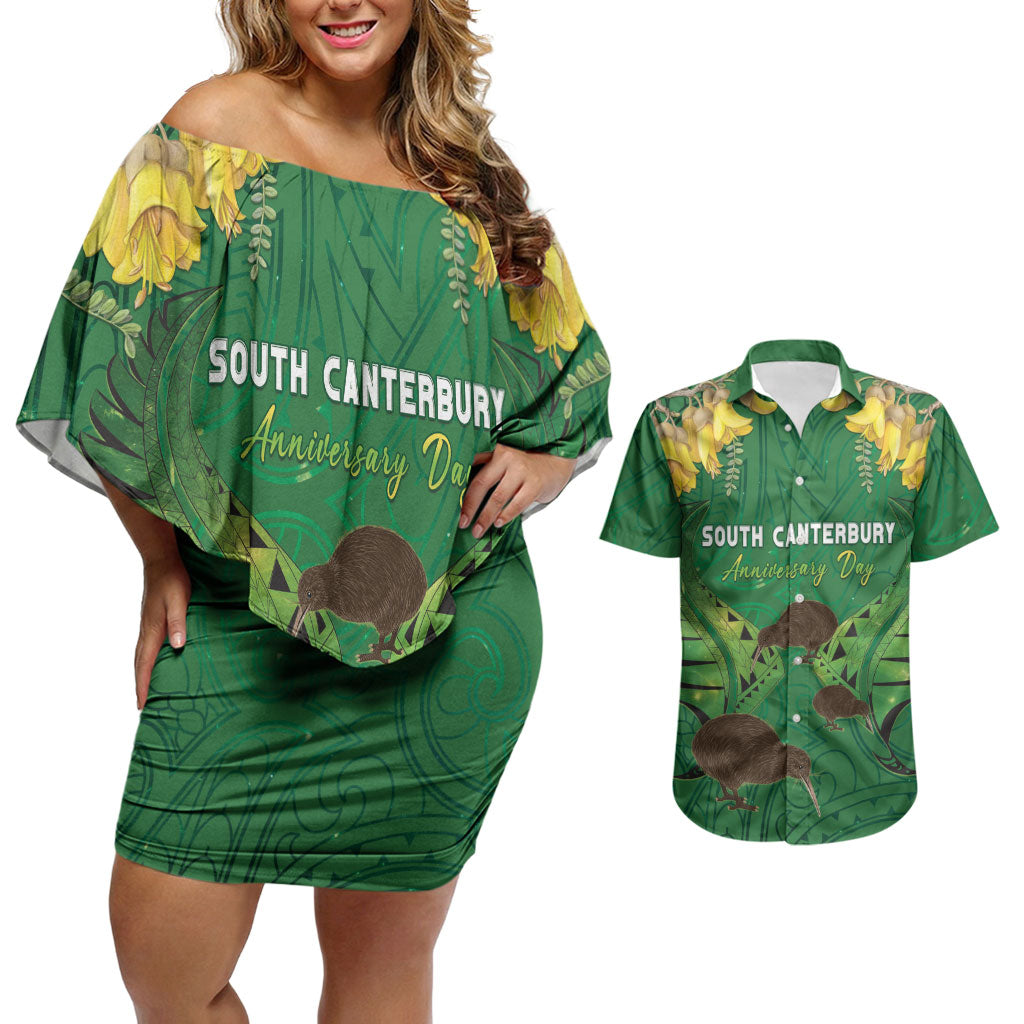 Personalised South Canterbury Anniversary Day Couples Matching Off Shoulder Short Dress and Hawaiian Shirt Kiwi Kowhai Silver Fern Maori Pattern