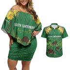 Personalised South Canterbury Anniversary Day Couples Matching Off Shoulder Short Dress and Hawaiian Shirt Kiwi Kowhai Silver Fern Maori Pattern
