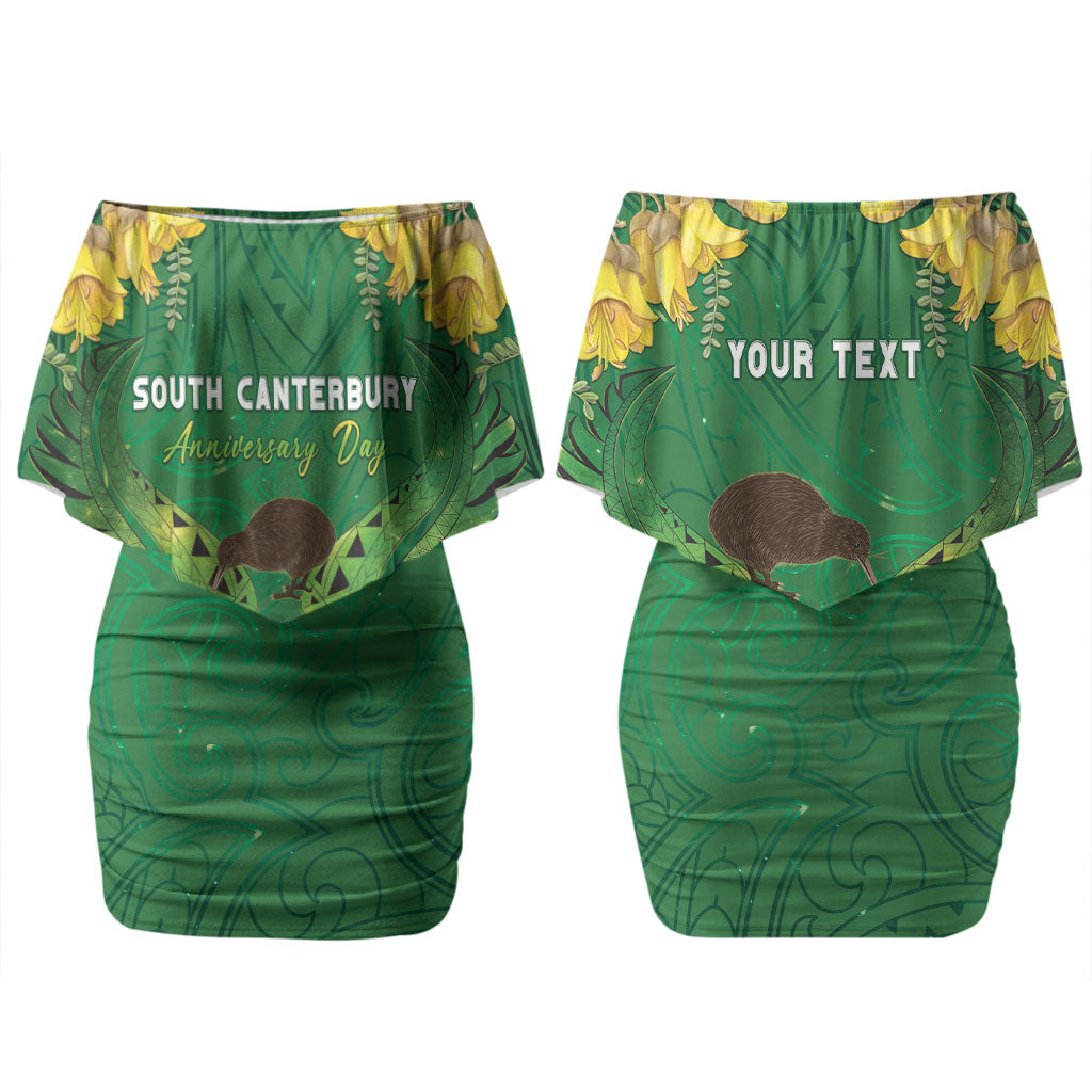 Personalised South Canterbury Anniversary Day Couples Matching Off Shoulder Short Dress and Long Sleeve Button Shirt Kiwi Kowhai Silver Fern Maori Pattern