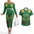 Personalised South Canterbury Anniversary Day Couples Matching Off The Shoulder Long Sleeve Dress and Hawaiian Shirt Kiwi Kowhai Silver Fern Maori Pattern