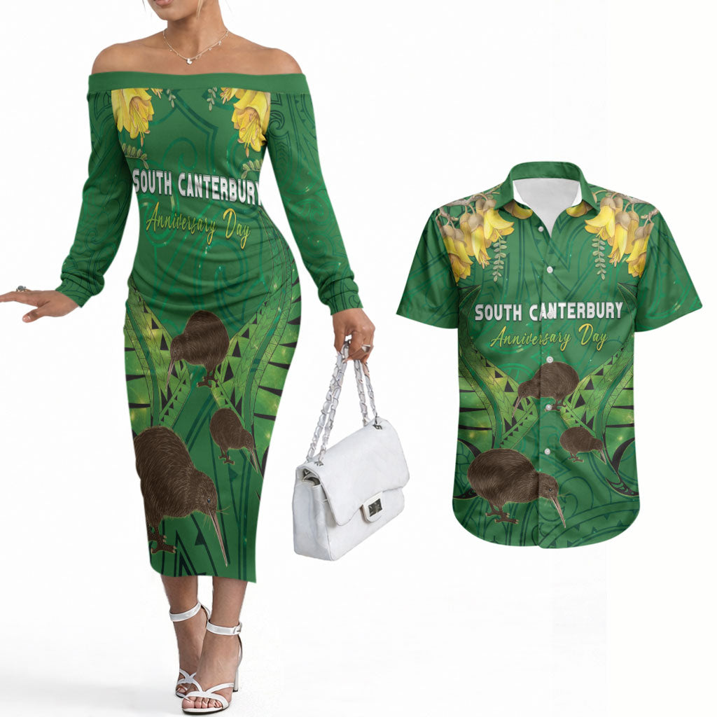 Personalised South Canterbury Anniversary Day Couples Matching Off The Shoulder Long Sleeve Dress and Hawaiian Shirt Kiwi Kowhai Silver Fern Maori Pattern