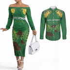 Personalised South Canterbury Anniversary Day Couples Matching Off The Shoulder Long Sleeve Dress and Long Sleeve Button Shirt Kiwi Kowhai Silver Fern Maori Pattern