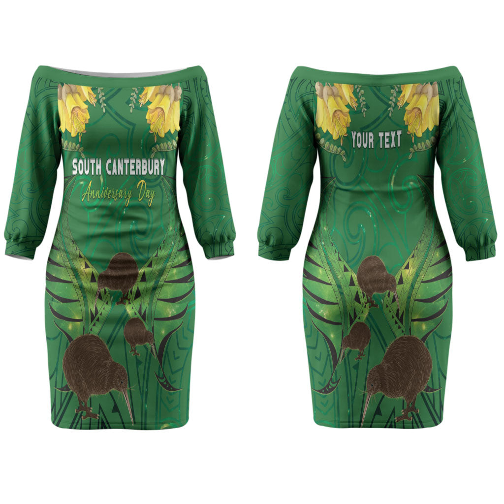 Personalised South Canterbury Anniversary Day Couples Matching Off The Shoulder Long Sleeve Dress and Long Sleeve Button Shirt Kiwi Kowhai Silver Fern Maori Pattern