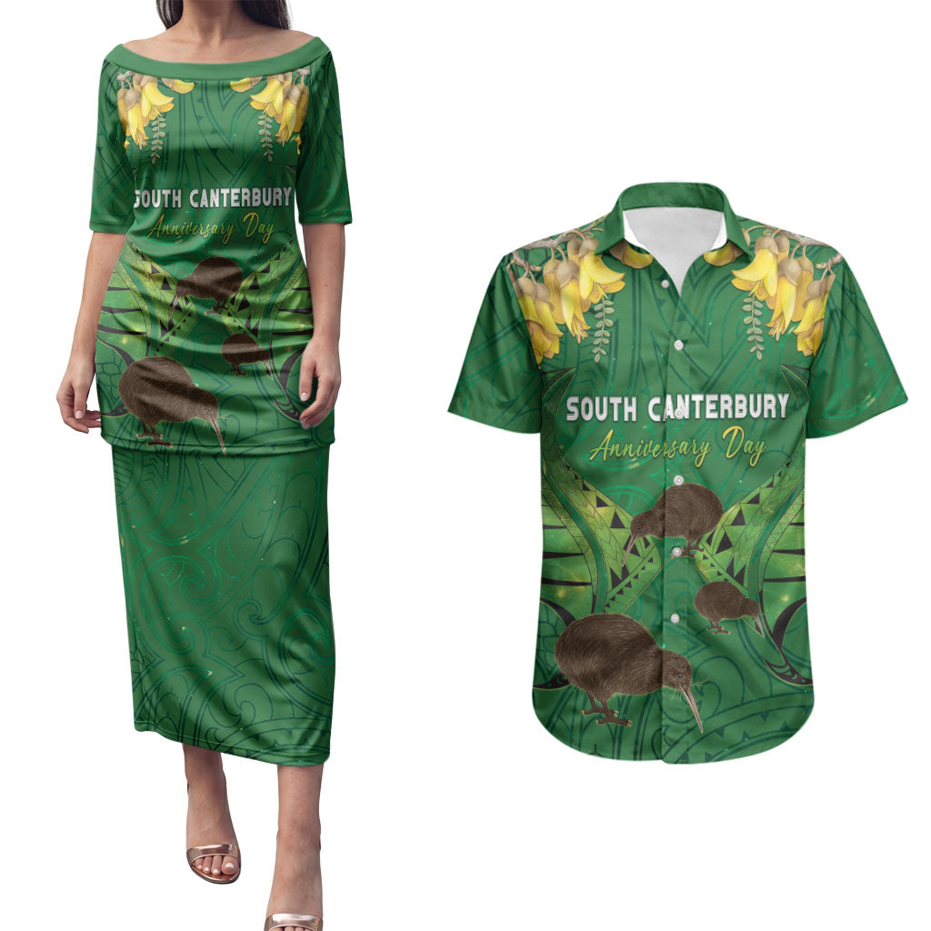 Personalised South Canterbury Anniversary Day Couples Matching Puletasi and Hawaiian Shirt Kiwi Kowhai Silver Fern Maori Pattern