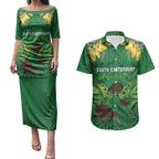 Personalised South Canterbury Anniversary Day Couples Matching Puletasi and Hawaiian Shirt Kiwi Kowhai Silver Fern Maori Pattern