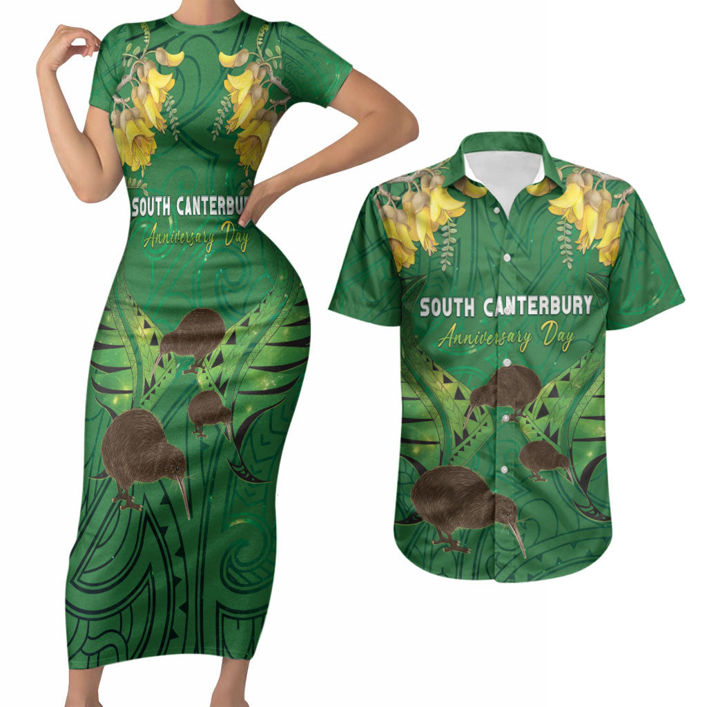 Personalised South Canterbury Anniversary Day Couples Matching Short Sleeve Bodycon Dress and Hawaiian Shirt Kiwi Kowhai Silver Fern Maori Pattern