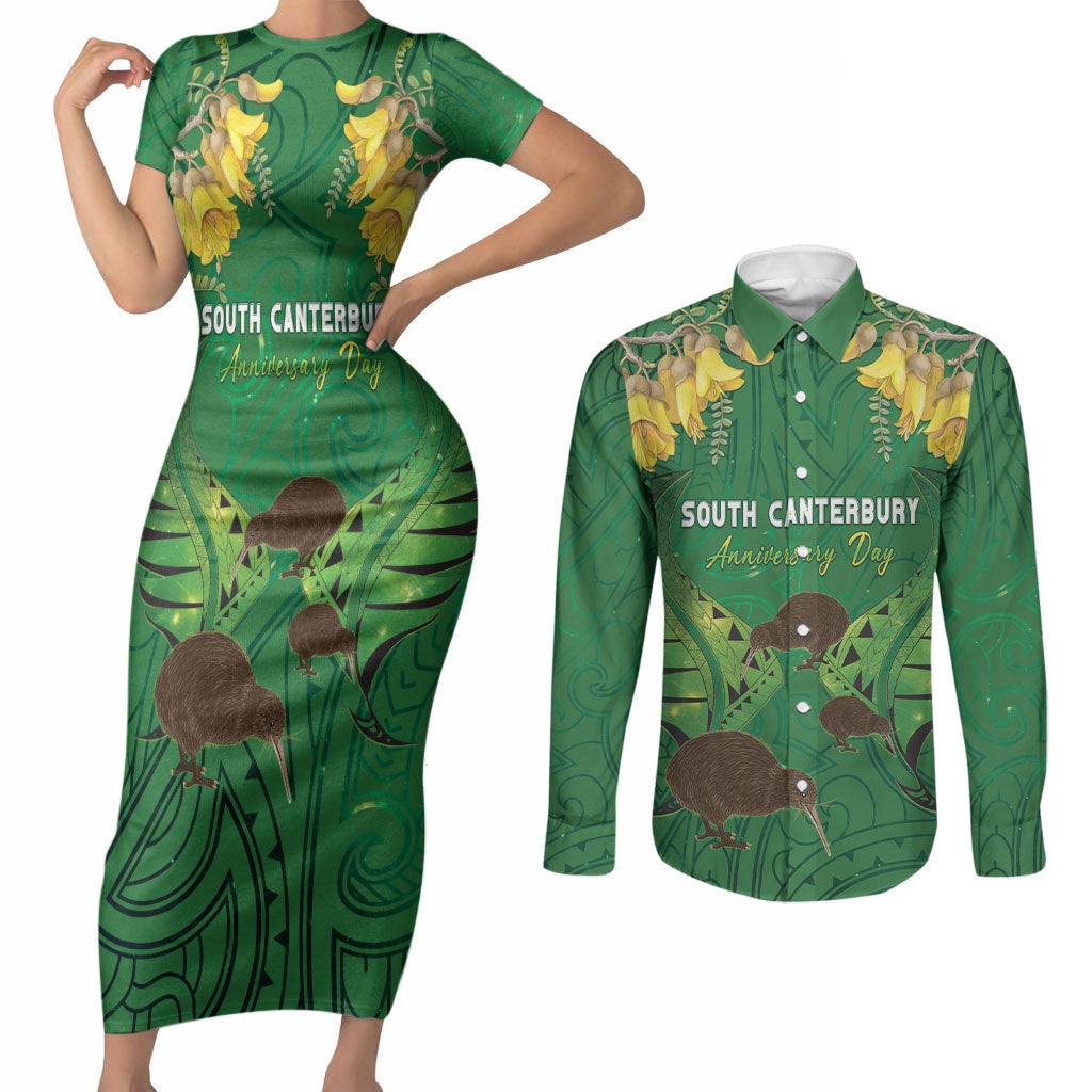 Personalised South Canterbury Anniversary Day Couples Matching Short Sleeve Bodycon Dress and Long Sleeve Button Shirt Kiwi Kowhai Silver Fern Maori Pattern