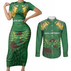 Personalised South Canterbury Anniversary Day Couples Matching Short Sleeve Bodycon Dress and Long Sleeve Button Shirt Kiwi Kowhai Silver Fern Maori Pattern