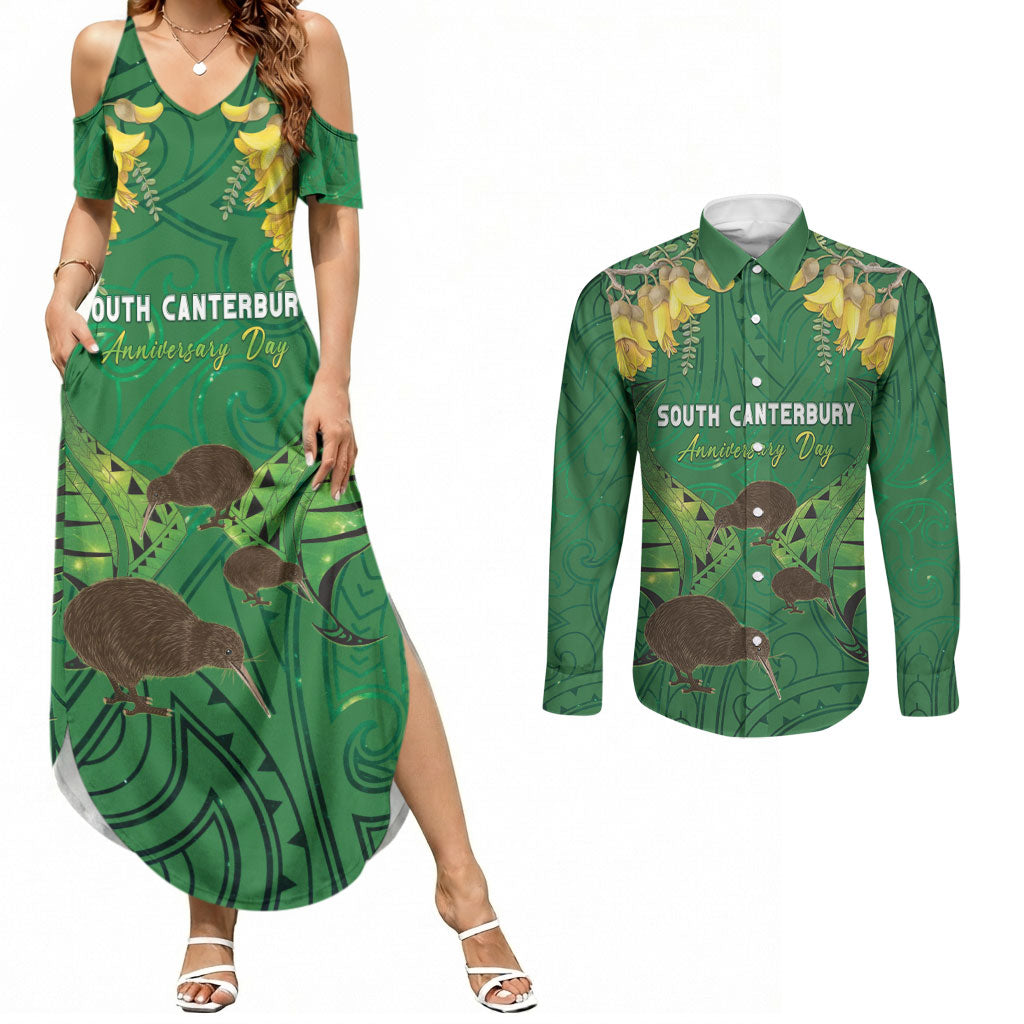 Personalised South Canterbury Anniversary Day Couples Matching Summer Maxi Dress and Long Sleeve Button Shirt Kiwi Kowhai Silver Fern Maori Pattern
