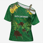 Personalised South Canterbury Anniversary Day Cross Shoulder Shirt Kiwi Kowhai Silver Fern Maori Pattern