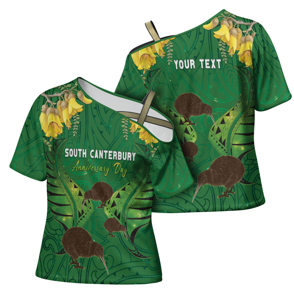 Personalised South Canterbury Anniversary Day Cross Shoulder Shirt Kiwi Kowhai Silver Fern Maori Pattern