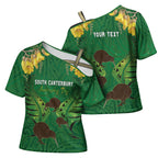 Personalised South Canterbury Anniversary Day Cross Shoulder Shirt Kiwi Kowhai Silver Fern Maori Pattern