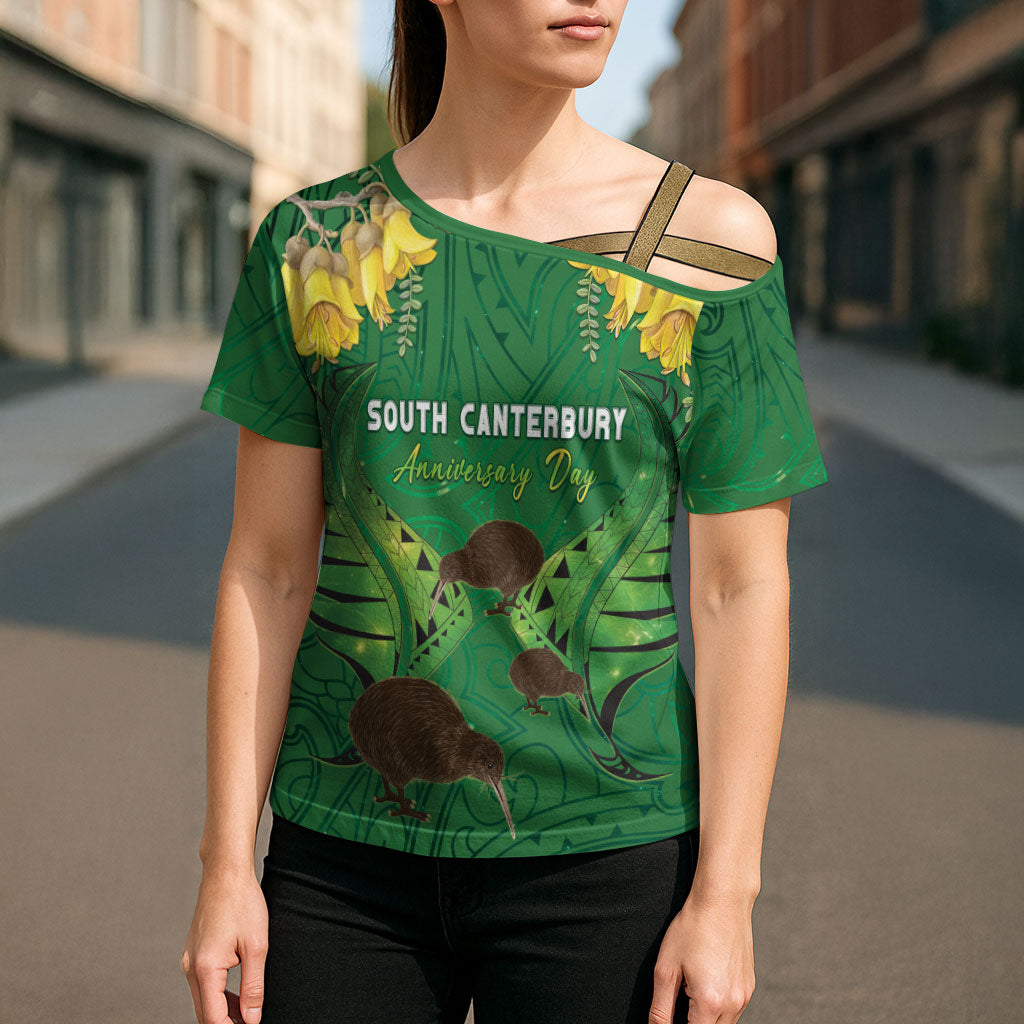 Personalised South Canterbury Anniversary Day Cross Shoulder Shirt Kiwi Kowhai Silver Fern Maori Pattern