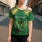 Personalised South Canterbury Anniversary Day Cross Shoulder Shirt Kiwi Kowhai Silver Fern Maori Pattern