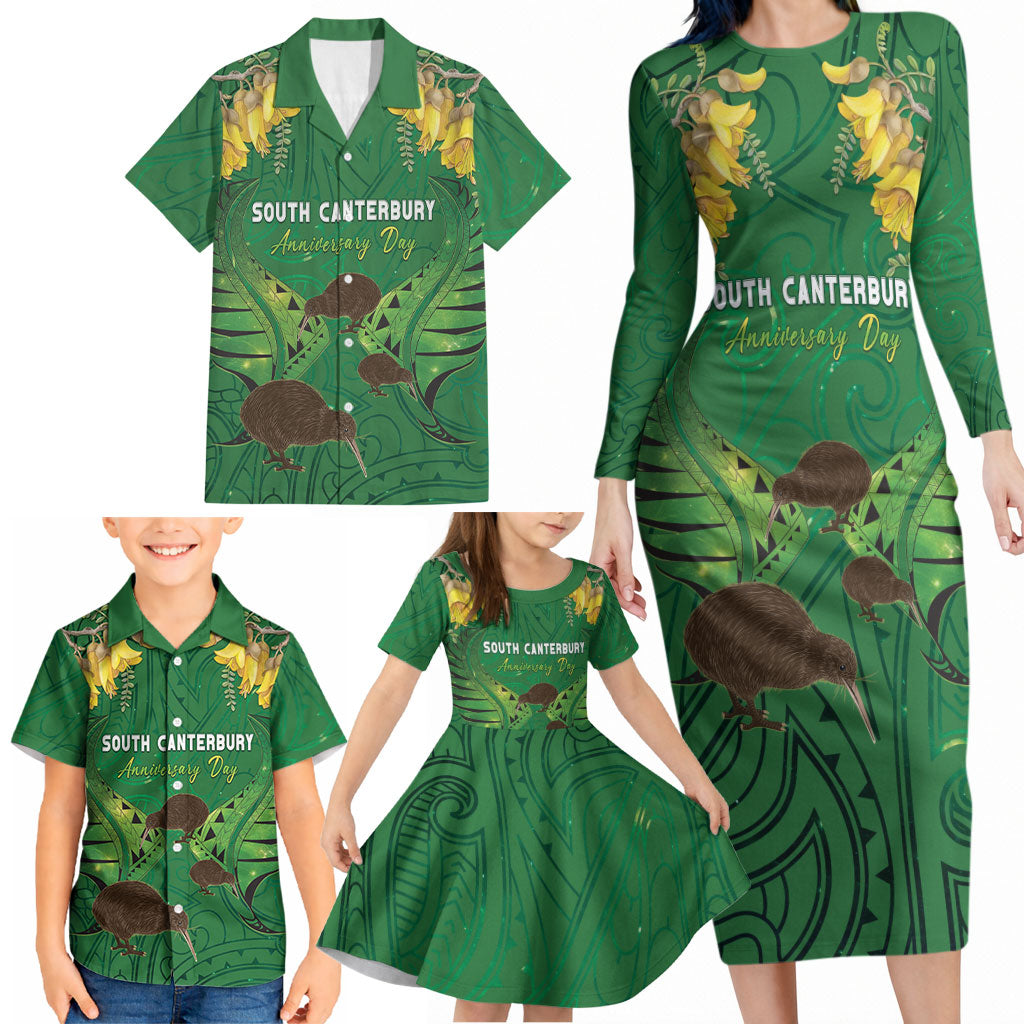 Personalised South Canterbury Anniversary Day Family Matching Long Sleeve Bodycon Dress and Hawaiian Shirt Kiwi Kowhai Silver Fern Maori Pattern