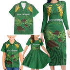 Personalised South Canterbury Anniversary Day Family Matching Long Sleeve Bodycon Dress and Hawaiian Shirt Kiwi Kowhai Silver Fern Maori Pattern