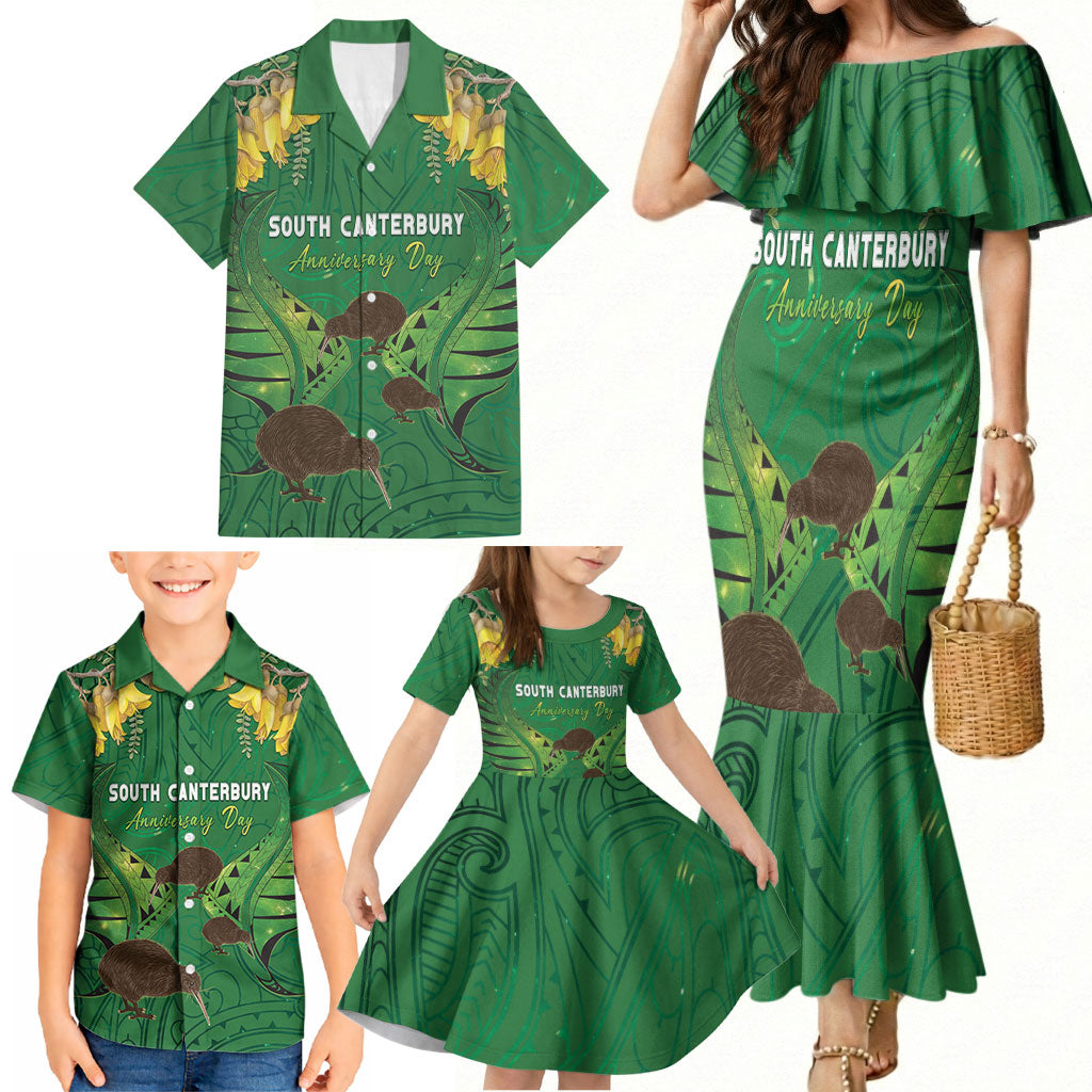 Personalised South Canterbury Anniversary Day Family Matching Mermaid Dress and Hawaiian Shirt Kiwi Kowhai Silver Fern Maori Pattern