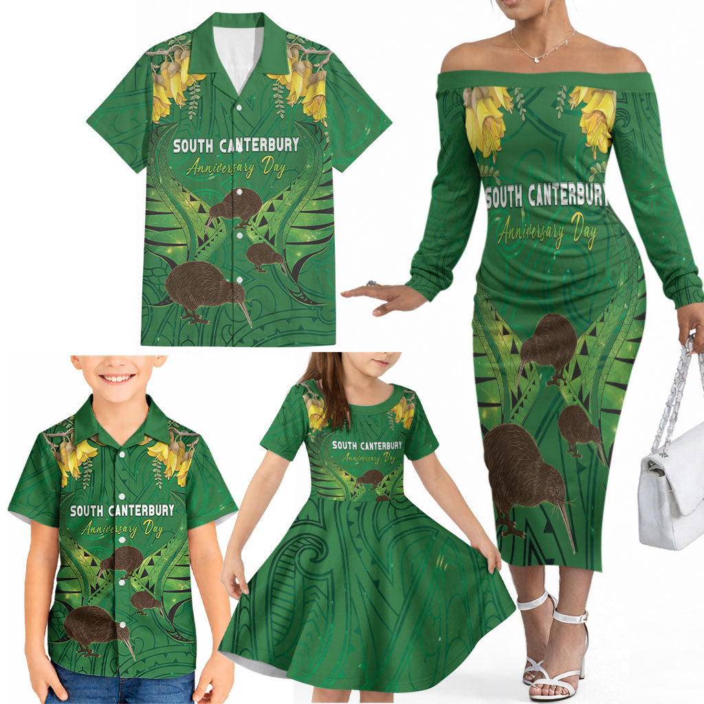 Personalised South Canterbury Anniversary Day Family Matching Off The Shoulder Long Sleeve Dress and Hawaiian Shirt Kiwi Kowhai Silver Fern Maori Pattern