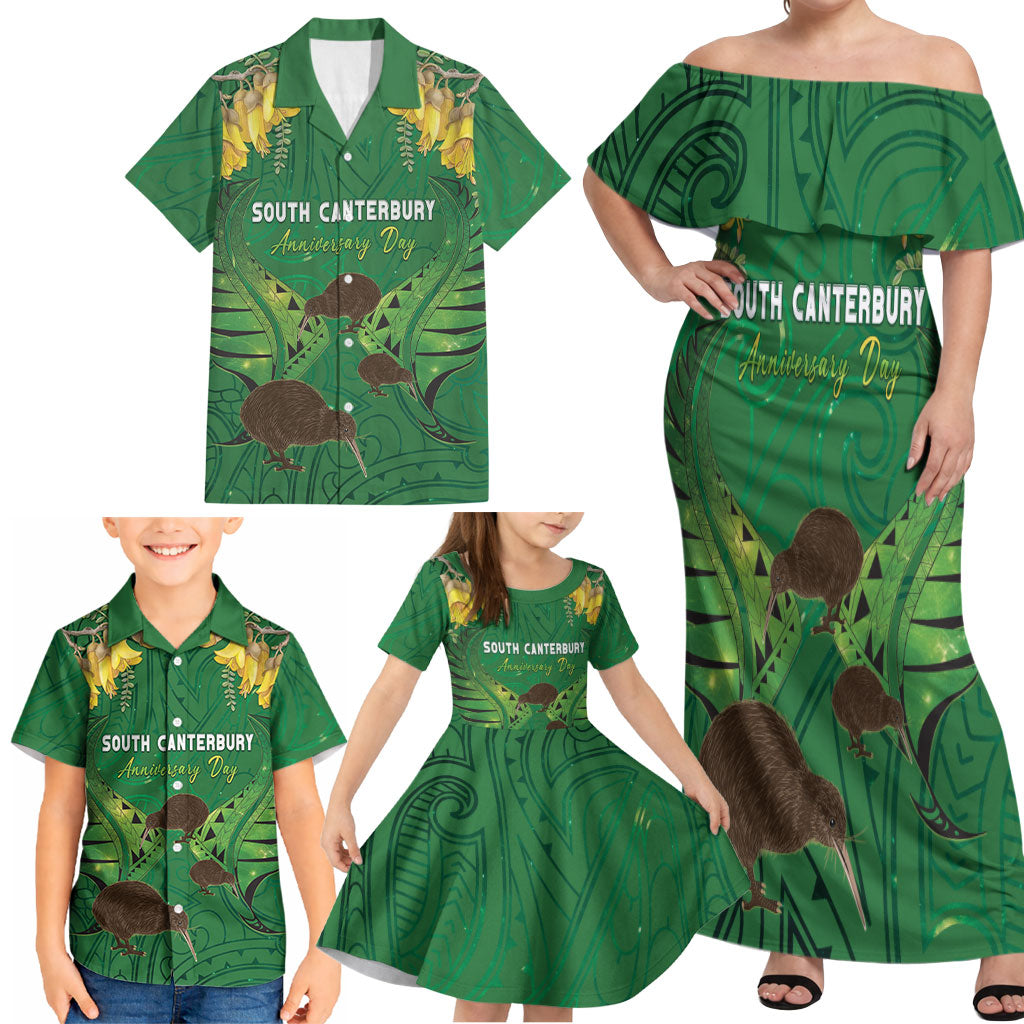 Personalised South Canterbury Anniversary Day Family Matching Off Shoulder Maxi Dress and Hawaiian Shirt Kiwi Kowhai Silver Fern Maori Pattern