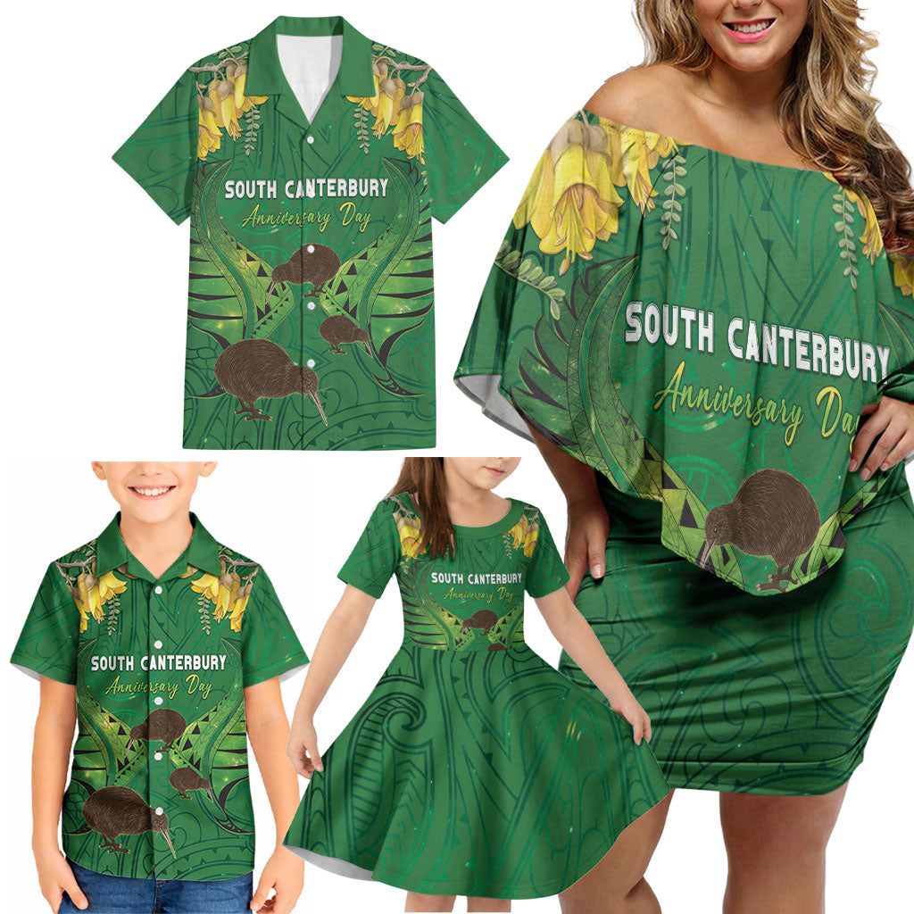 Personalised South Canterbury Anniversary Day Family Matching Off Shoulder Short Dress and Hawaiian Shirt Kiwi Kowhai Silver Fern Maori Pattern