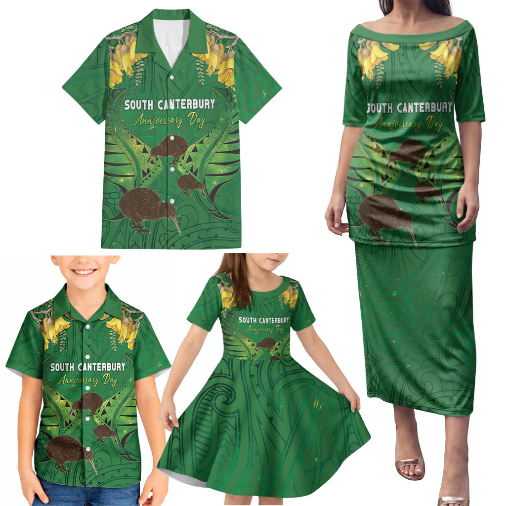 Personalised South Canterbury Anniversary Day Family Matching Puletasi and Hawaiian Shirt Kiwi Kowhai Silver Fern Maori Pattern