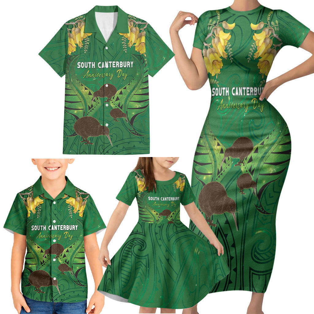 Personalised South Canterbury Anniversary Day Family Matching Short Sleeve Bodycon Dress and Hawaiian Shirt Kiwi Kowhai Silver Fern Maori Pattern