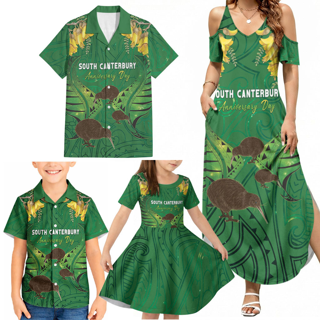 Personalised South Canterbury Anniversary Day Family Matching Summer Maxi Dress and Hawaiian Shirt Kiwi Kowhai Silver Fern Maori Pattern