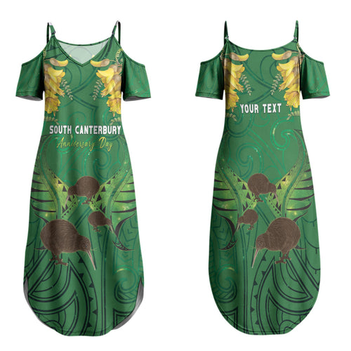 Personalised South Canterbury Anniversary Day Family Matching Summer Maxi Dress and Hawaiian Shirt Kiwi Kowhai Silver Fern Maori Pattern