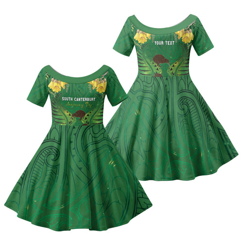 Personalised South Canterbury Anniversary Day Family Matching Summer Maxi Dress and Hawaiian Shirt Kiwi Kowhai Silver Fern Maori Pattern