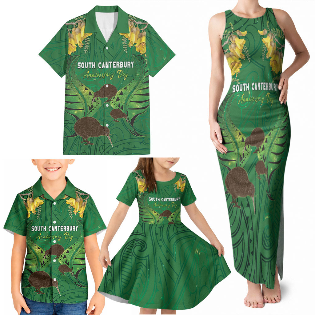 Personalised South Canterbury Anniversary Day Family Matching Tank Maxi Dress and Hawaiian Shirt Kiwi Kowhai Silver Fern Maori Pattern