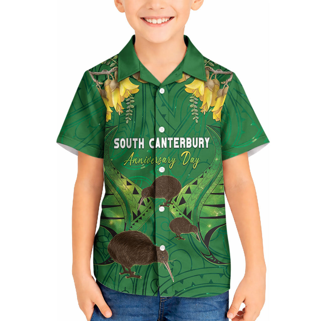 Personalised South Canterbury Anniversary Day Kid Hawaiian Shirt Kiwi Kowhai Silver Fern Maori Pattern