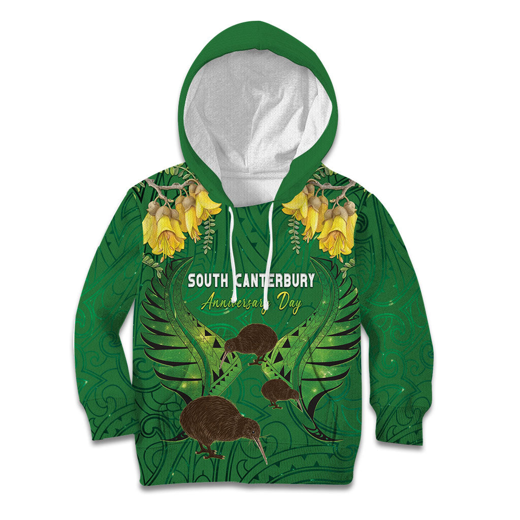 Personalised South Canterbury Anniversary Day Kid Hoodie Kiwi Kowhai Silver Fern Maori Pattern
