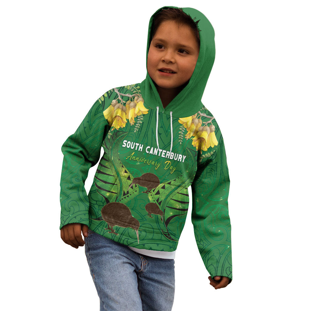 Personalised South Canterbury Anniversary Day Kid Hoodie Kiwi Kowhai Silver Fern Maori Pattern