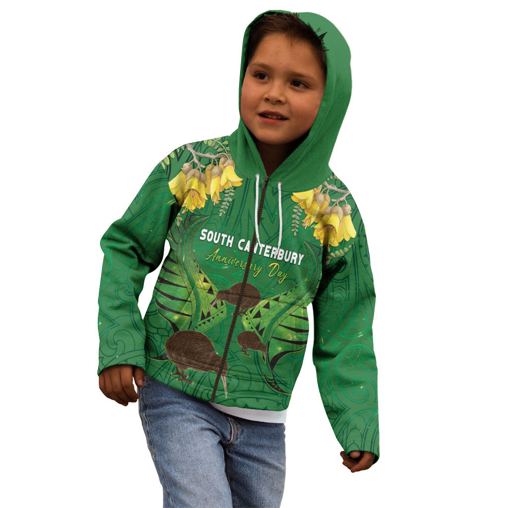 Personalised South Canterbury Anniversary Day Kid Hoodie Kiwi Kowhai Silver Fern Maori Pattern