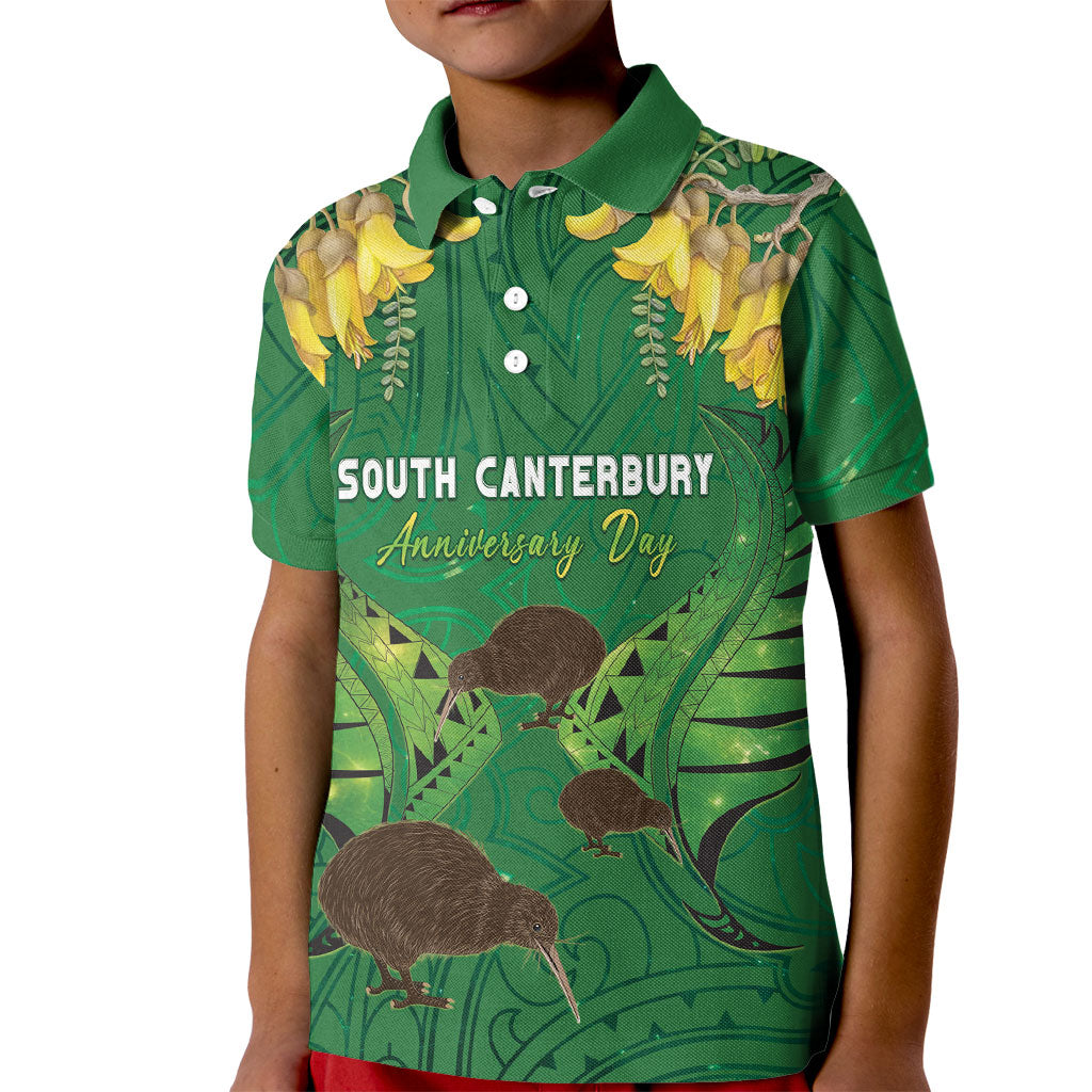 Personalised South Canterbury Anniversary Day Kid Polo Shirt Kiwi Kowhai Silver Fern Maori Pattern