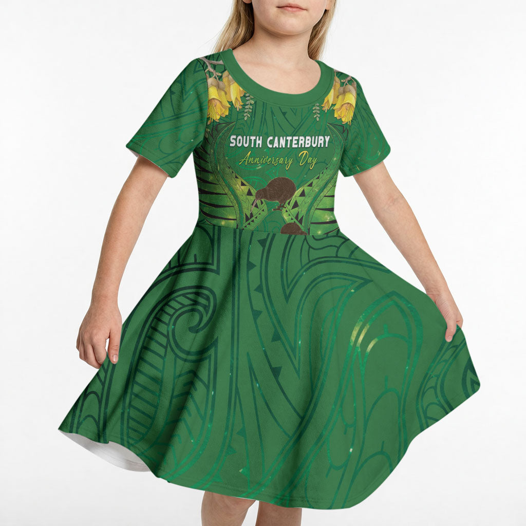 Personalised South Canterbury Anniversary Day Kid Short Sleeve Dress Kiwi Kowhai Silver Fern Maori Pattern