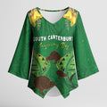 Personalised South Canterbury Anniversary Day Kimono Sleeve Blouse Kiwi Kowhai Silver Fern Maori Pattern
